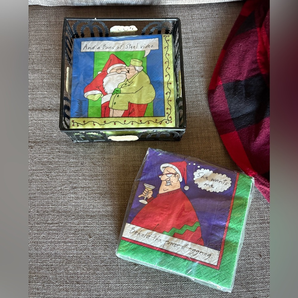 Two NIP humorous holiday cocktail napkins and sheep napkin holder.